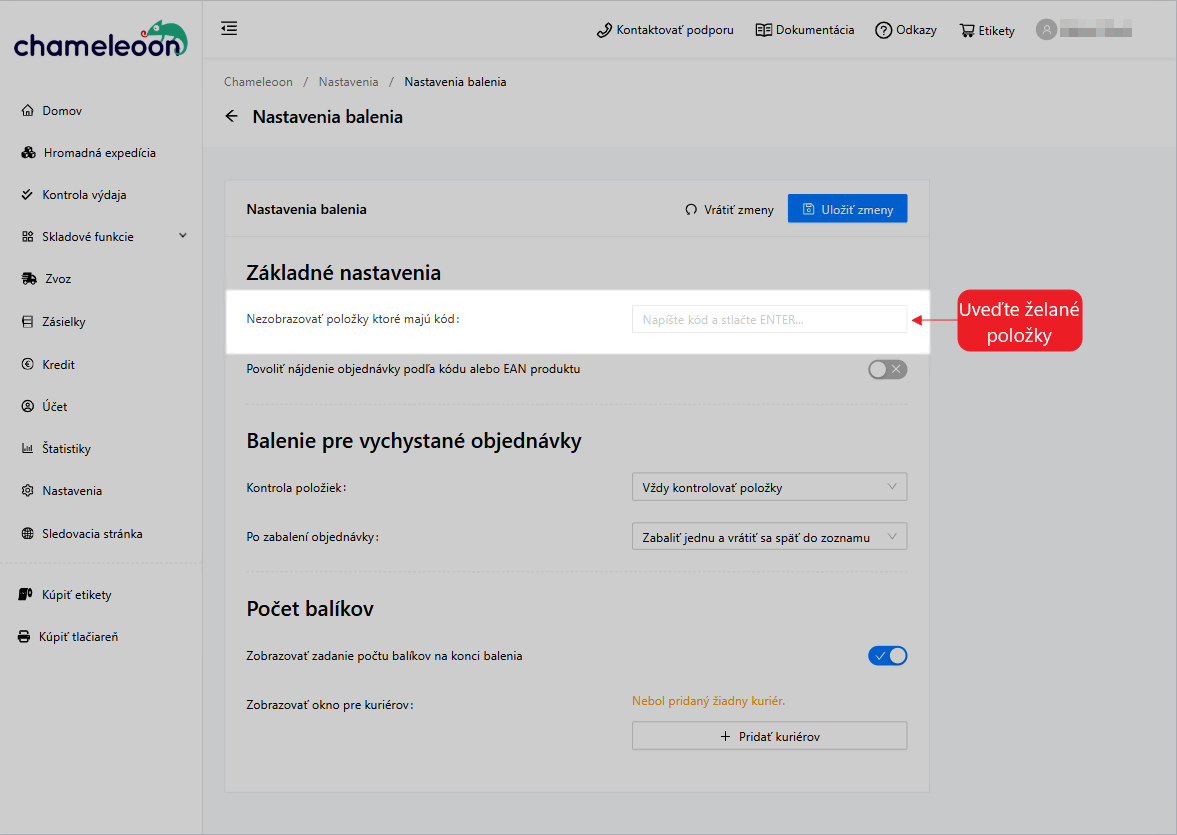 Balenie-nezobrazovanie položiek