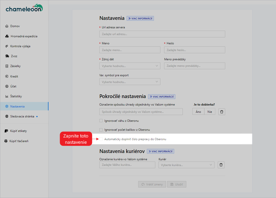 Oberon Server číslo prepravy