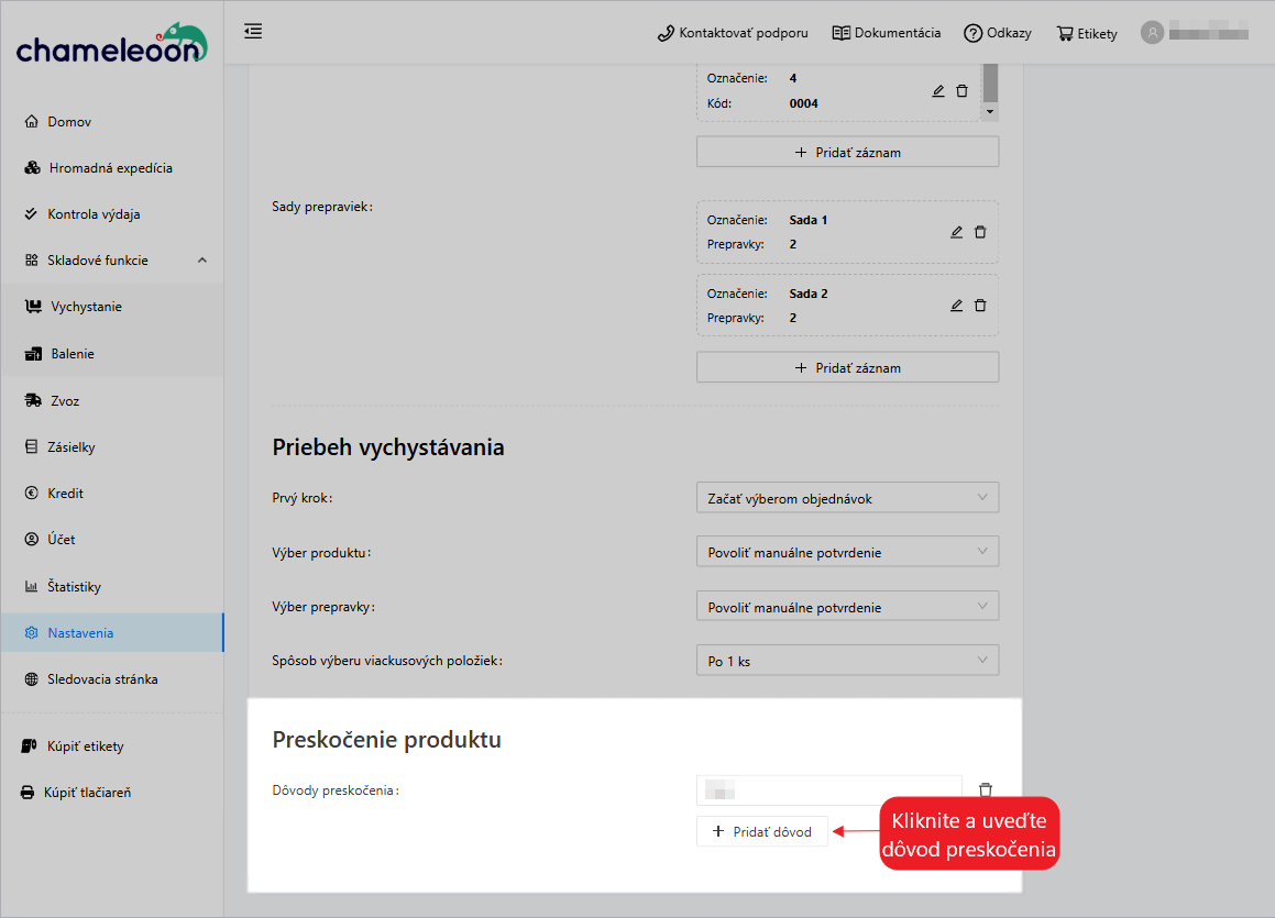 Picking-nastavenie preskočenia produktu