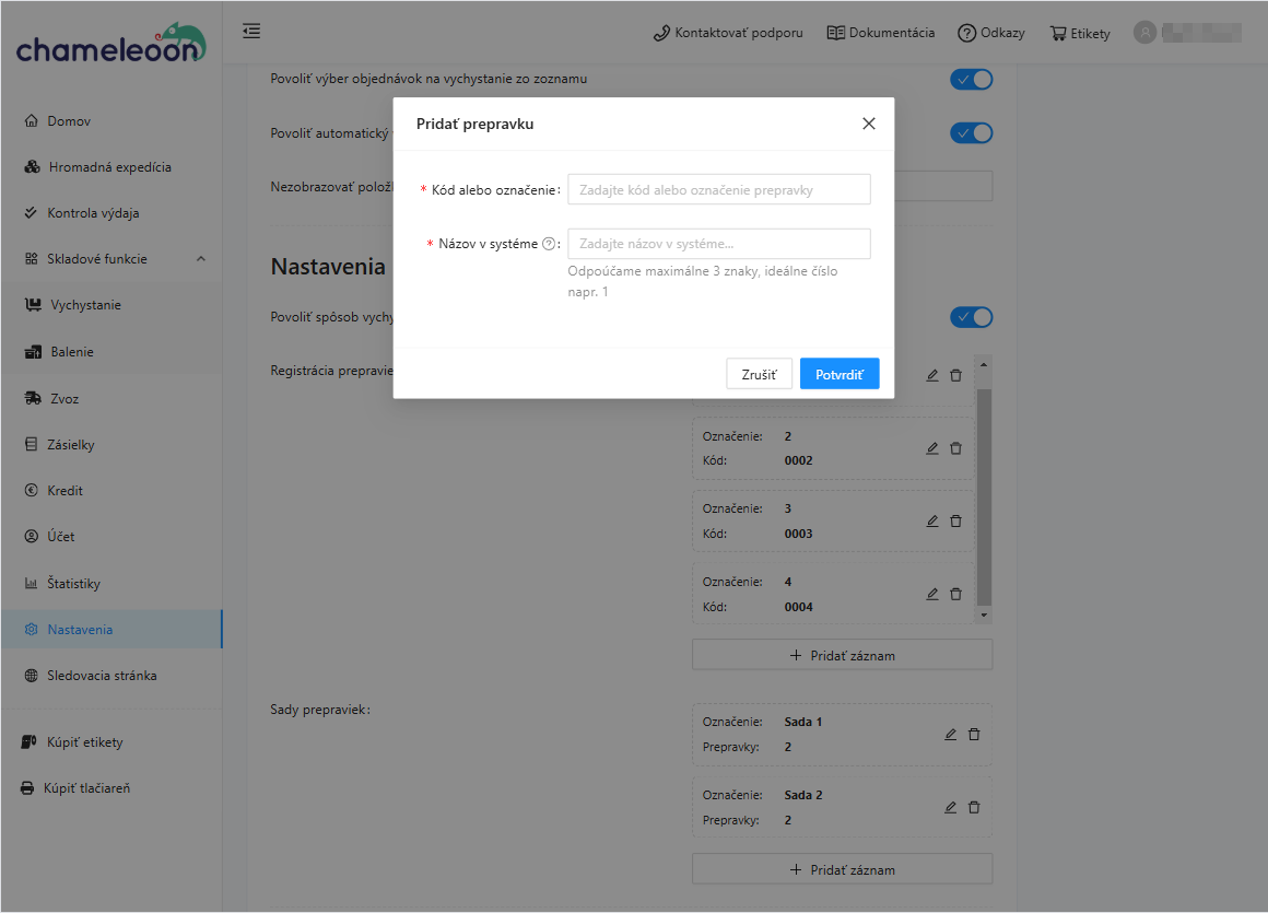 Picking - postup pridania prepravky