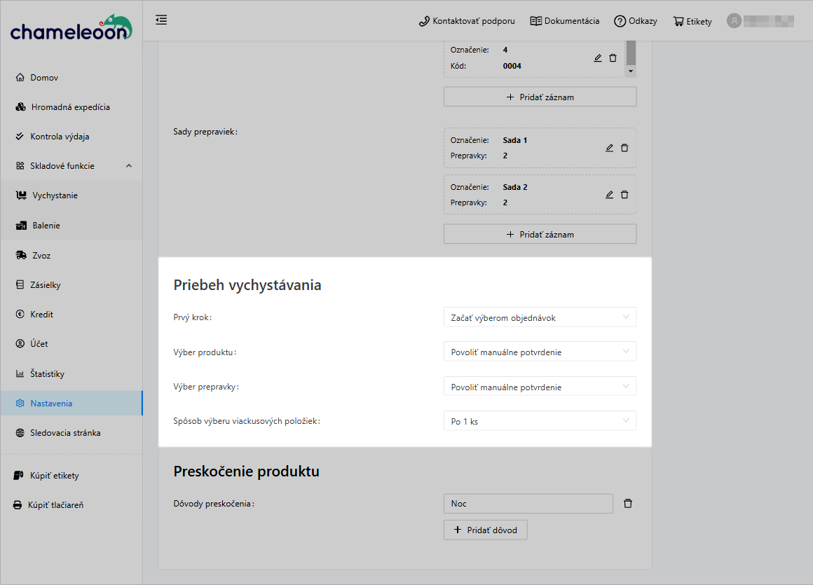 Picking - nastavenie priebehu vychstania