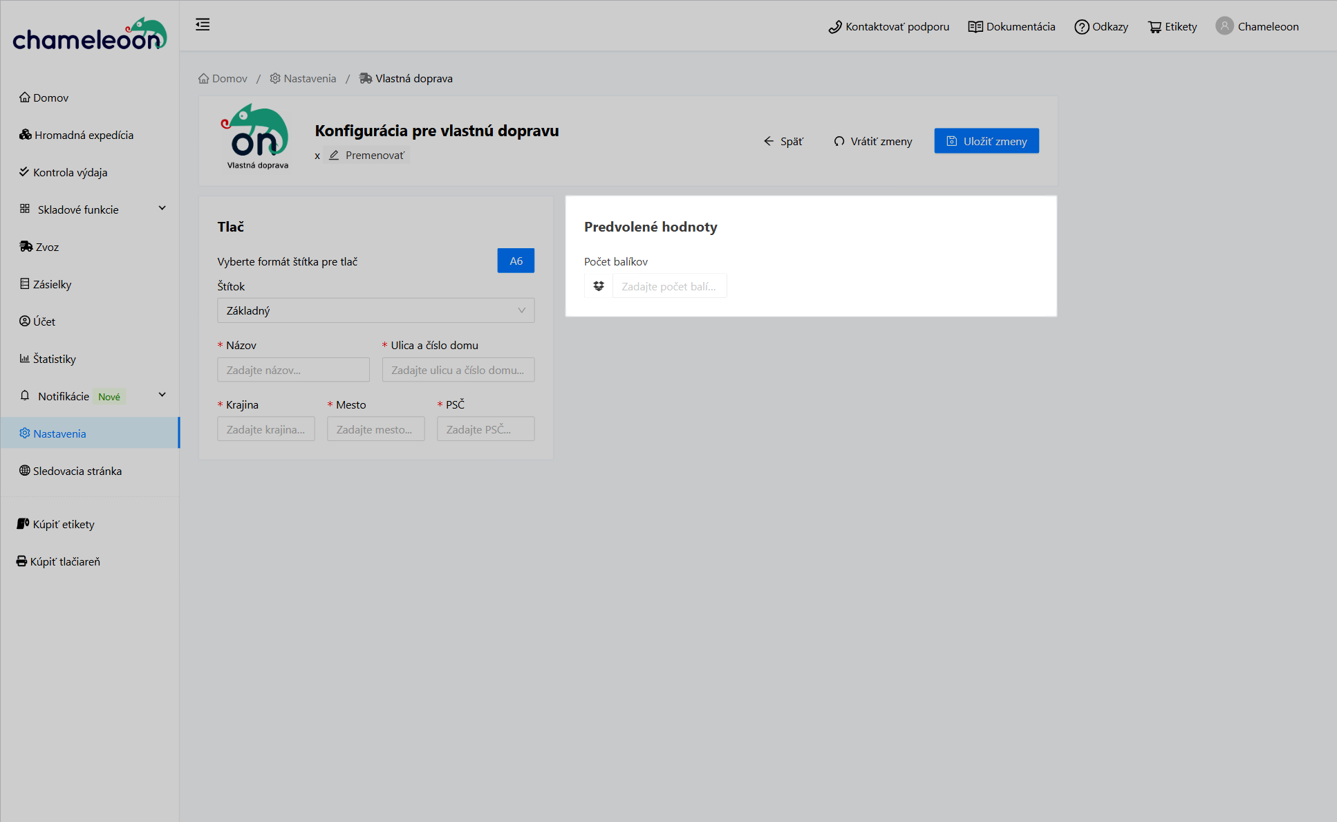 Vlastna doprava-predvolene hodnoty Vlastna doprava-predvolene hodnoty