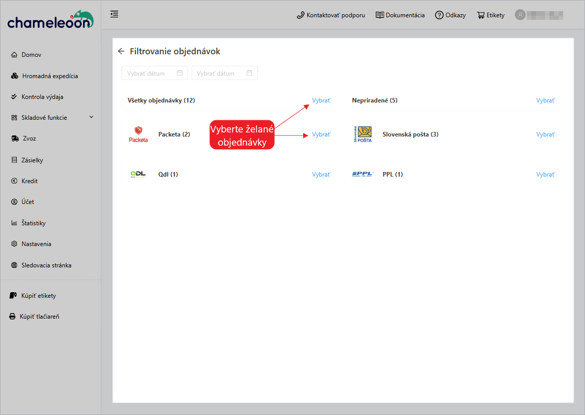 Vychystanie - výber konkrétnych objednávok