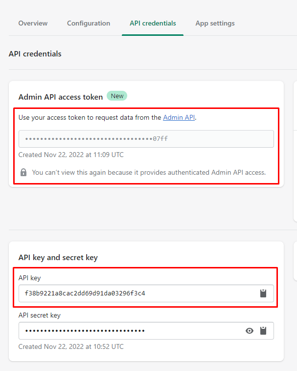 Shopify 2022 credentials keys