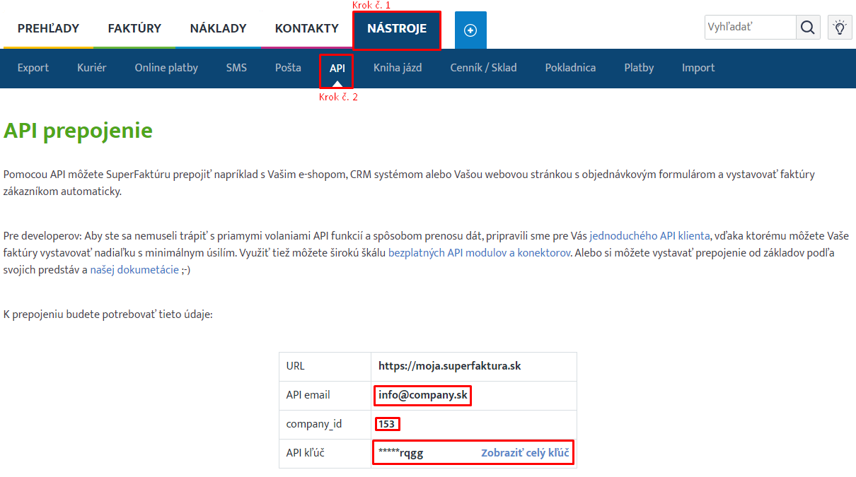 Superfaktura api nastavenia